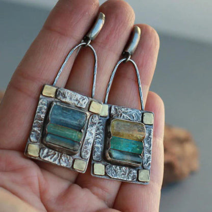 Antique Artisan Earrings with Blue and Golden Crystals
