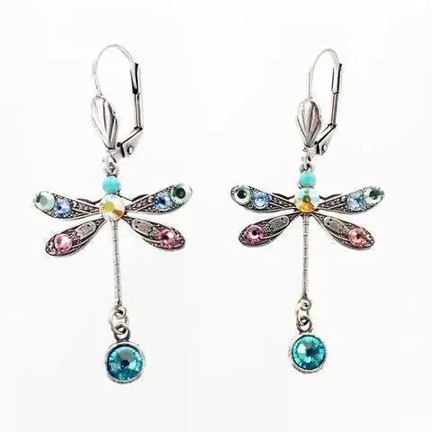 Dragonfly Earrings with Pastel Crystals and Silver Finish