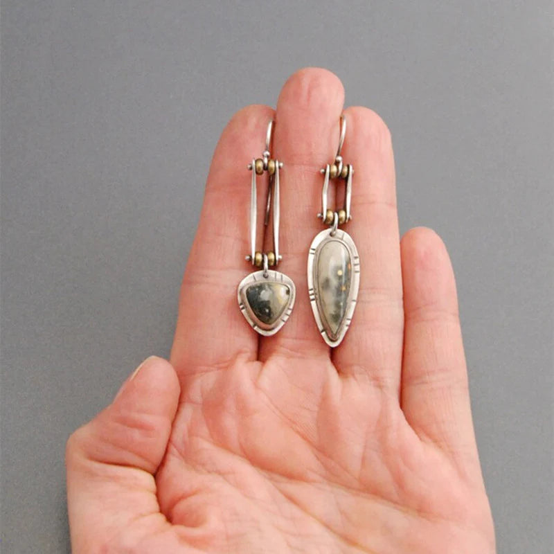 Artisan Asymmetric Jasper Earrings with Vintage Silver Finish
