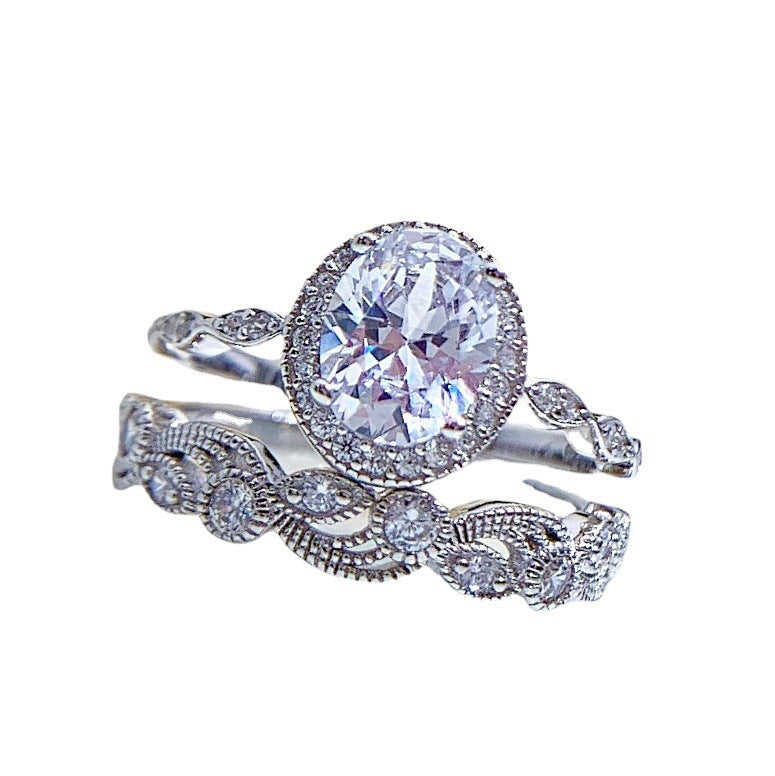 Vintage Rose Gold Halo Ring Set with Oval Crystal