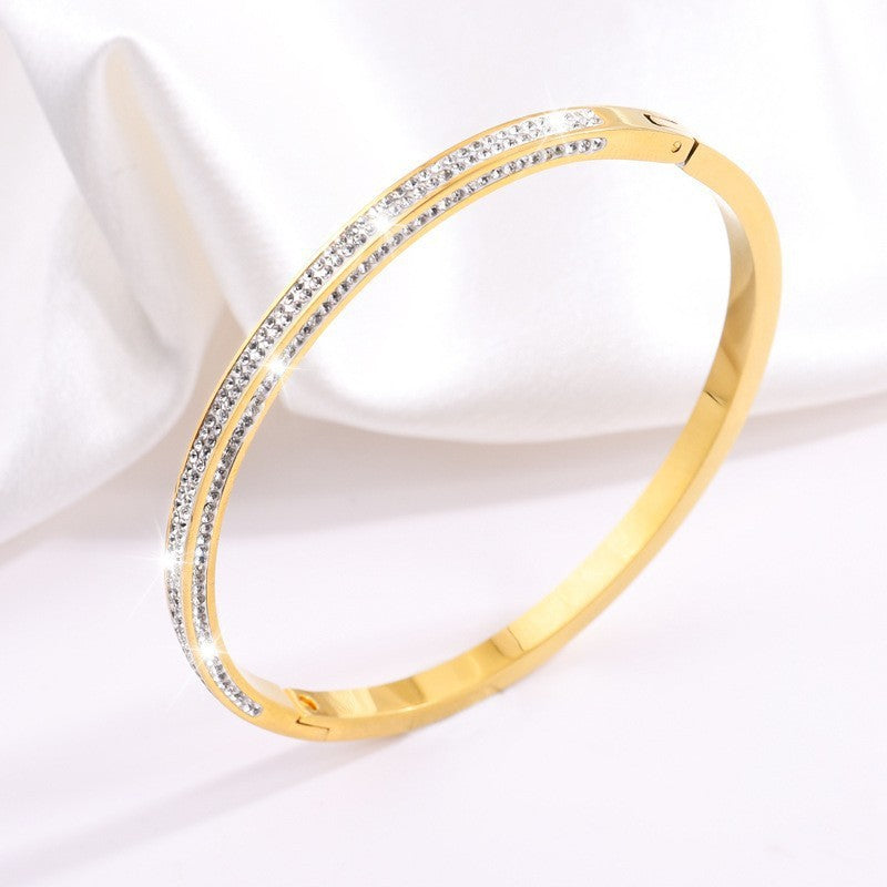 Dainty Gold Bangle with Double Row Crystal Accents