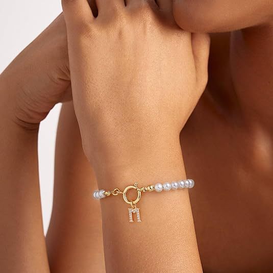 Pearl Bead Bracelet with Gold Initial Charm
