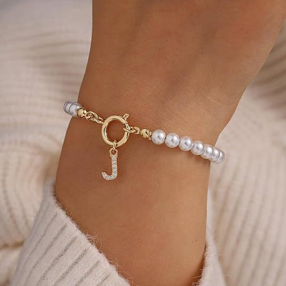 Pearl Bead Bracelet with Gold Initial Charm