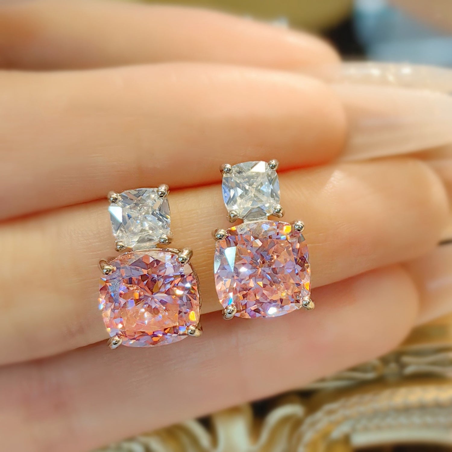 Cushion Pink &amp; White Stone Jewelry Set with Pendant, Ring &amp; Earrings