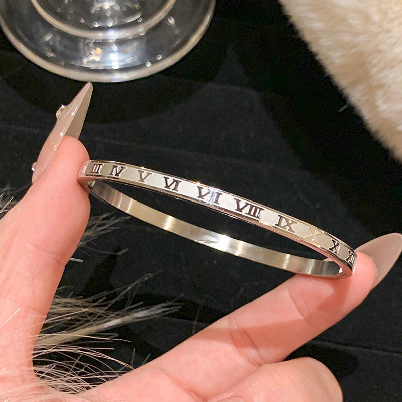Roman Numeral Bangle Bracelet in Silver Tone