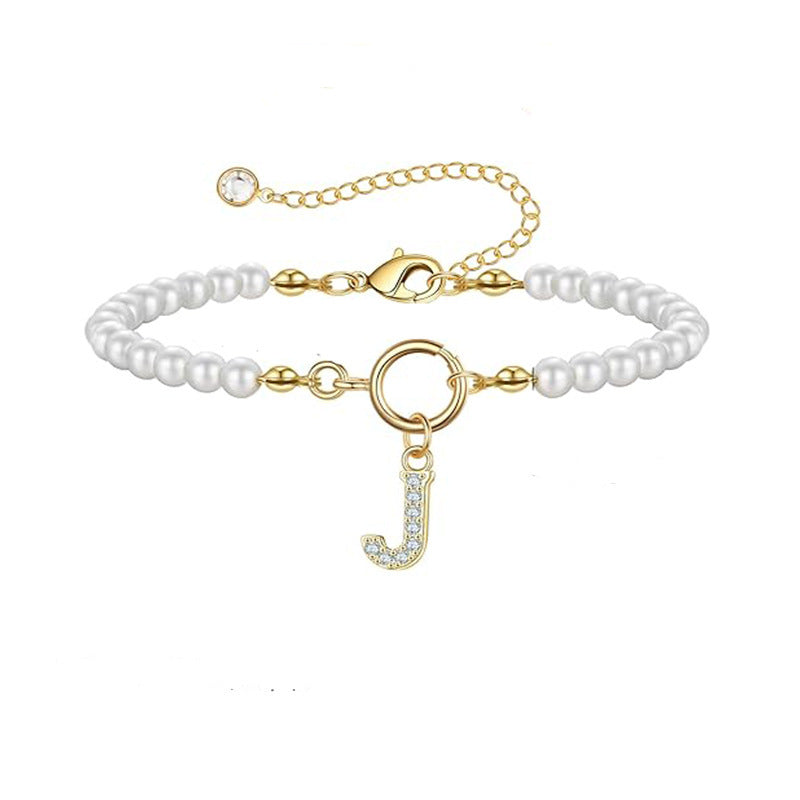 Pearl Bead Bracelet with Gold Initial Charm