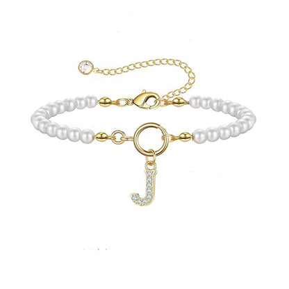 Pearl Bead Bracelet with Gold Initial Charm