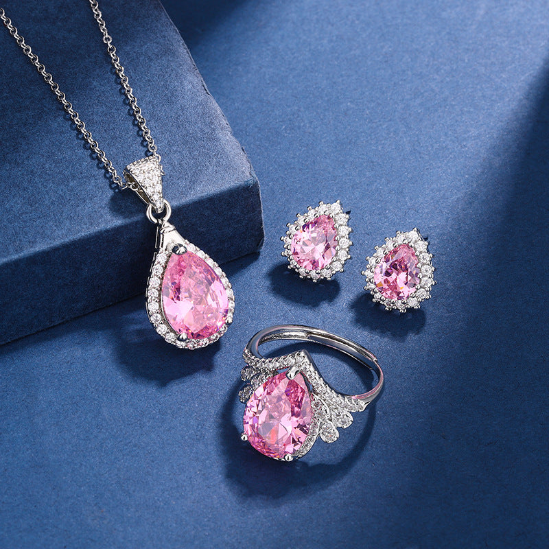 Teardrop Pink Crystal Necklace, Ring &amp; Earrings Set