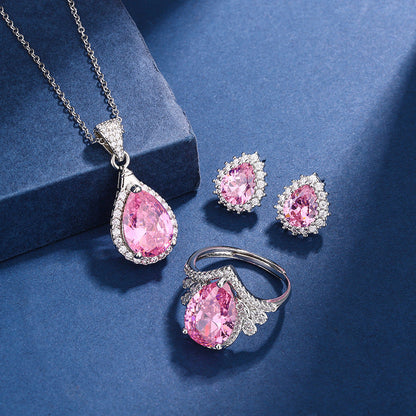 Teardrop Pink Crystal Necklace, Ring &amp; Earrings Set