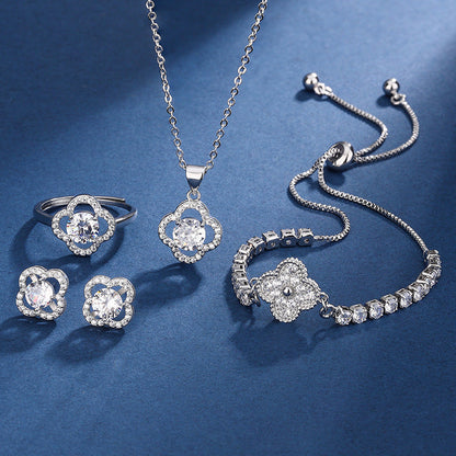 Floral Crystal Jewelry Set in Silver Tone – Necklace, Earrings, Ring, and Bracelet