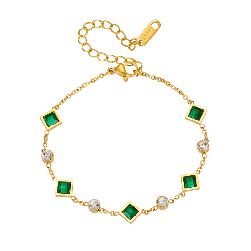 Emerald Green Square and Crystal Gold-Tone Bracelet