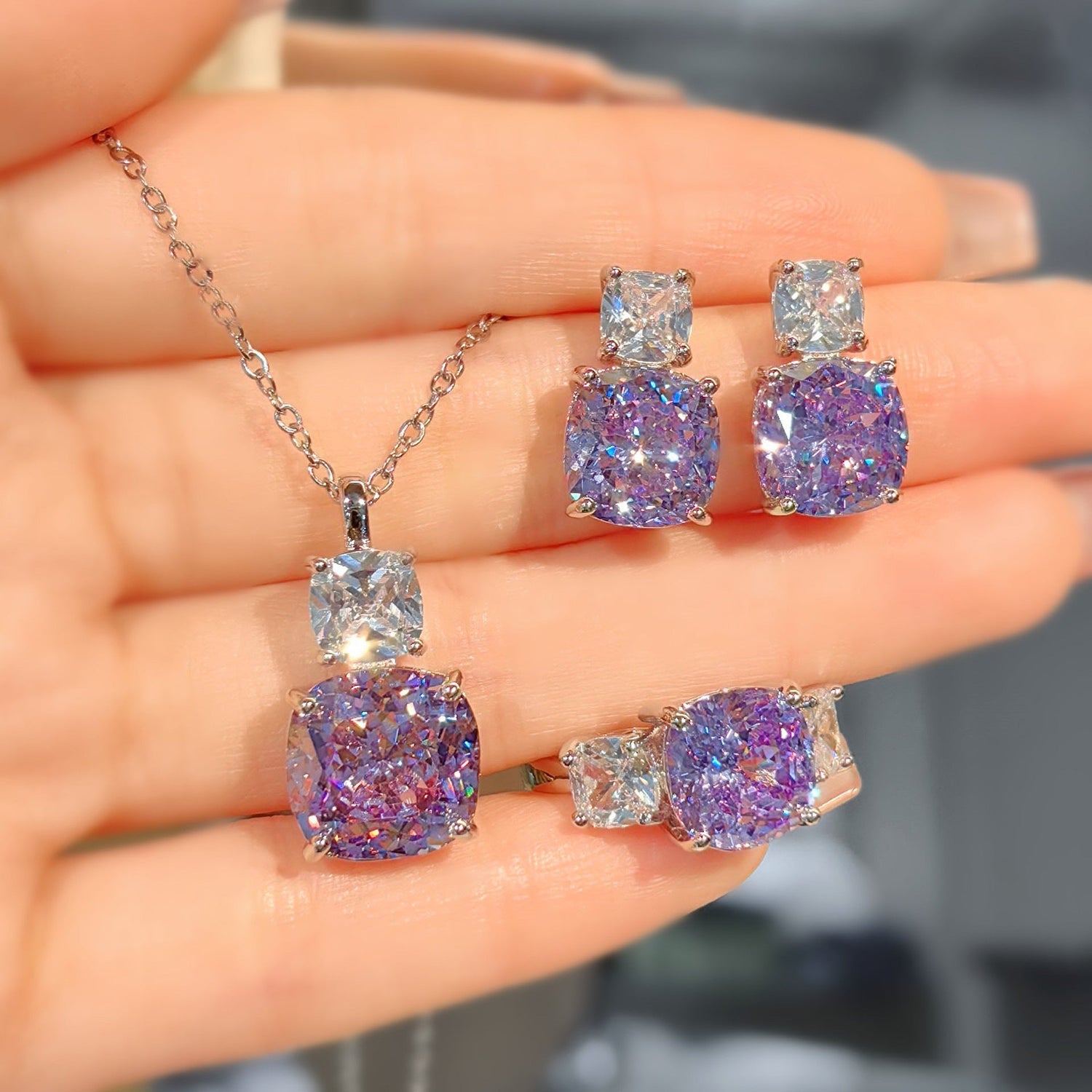 Lavender Cushion Sparkle Jewelry Set with Pendant, Earrings &amp; Ring