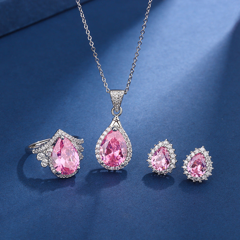 Teardrop Pink Crystal Necklace, Ring &amp; Earrings Set