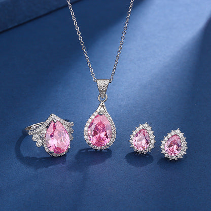 Teardrop Pink Crystal Necklace, Ring &amp; Earrings Set