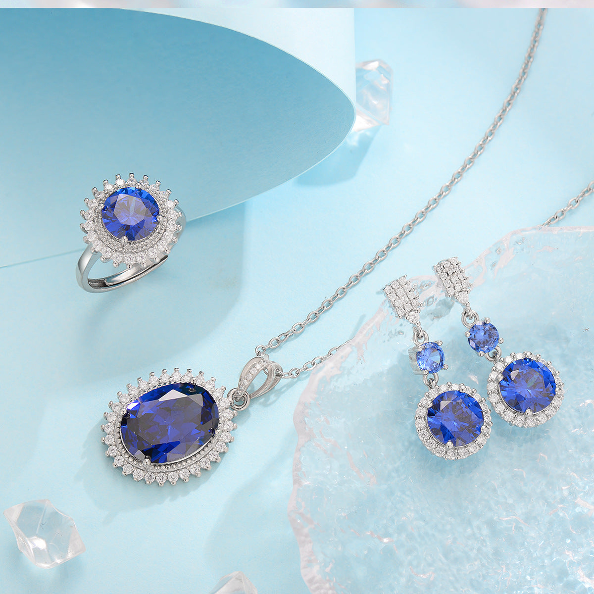 Blue Crystal Halo Necklace, Earrings &amp; Ring Set