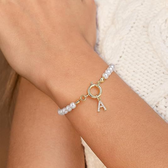Pearl Bead Bracelet with Gold Initial Charm