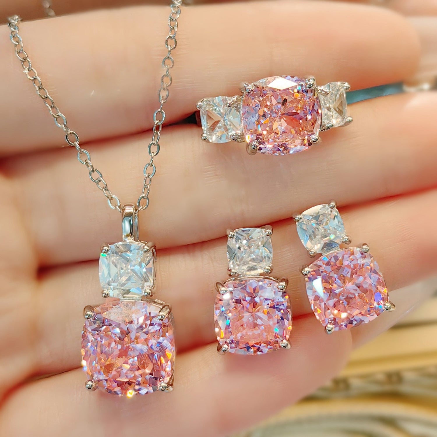 Cushion Pink &amp; White Stone Jewelry Set with Pendant, Ring &amp; Earrings