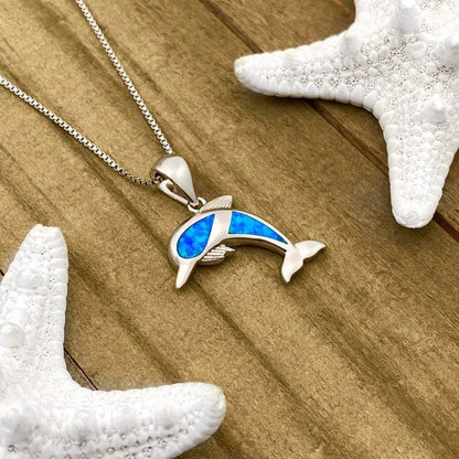 Dolphin Necklace with Blue Opal Inlay and Silver Tone