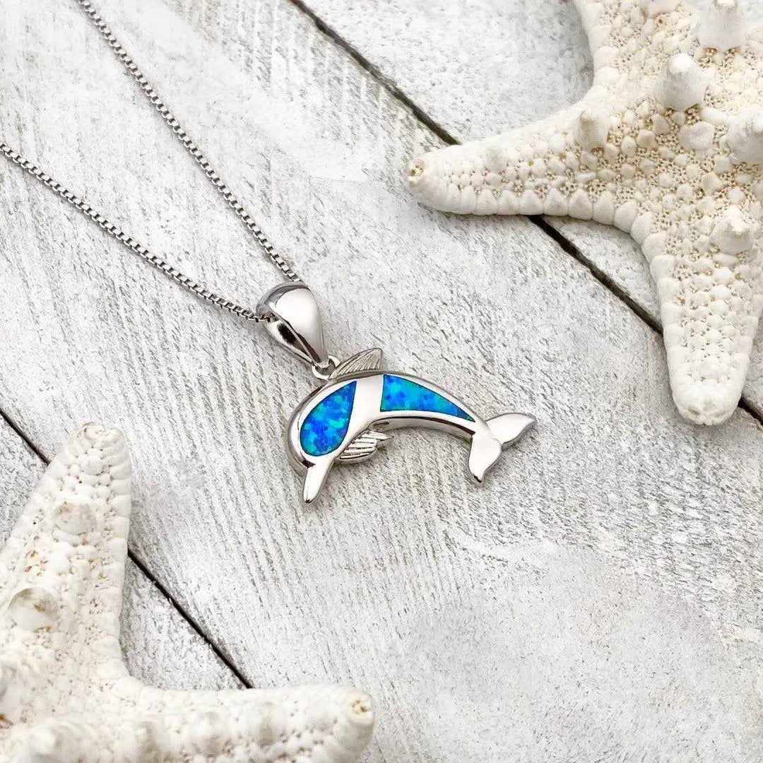 Dolphin Necklace with Blue Opal Inlay and Silver Tone