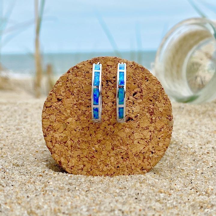 Blue Oceanic Opal Hoop Earrings in Silver