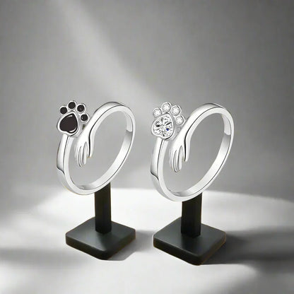 Paw and Hand Crystal Ring in Silver Tone
