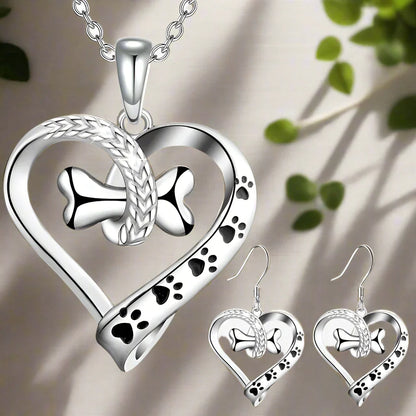 Puppy Love Heart &amp; Bone Paw Print Necklace and Earrings Set