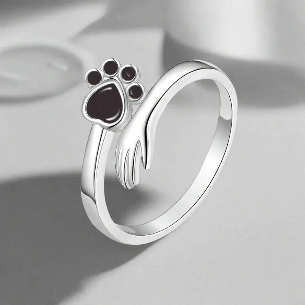 Paw and Hand Crystal Ring in Silver Tone