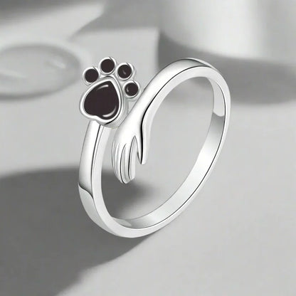 Paw and Hand Crystal Ring in Silver Tone