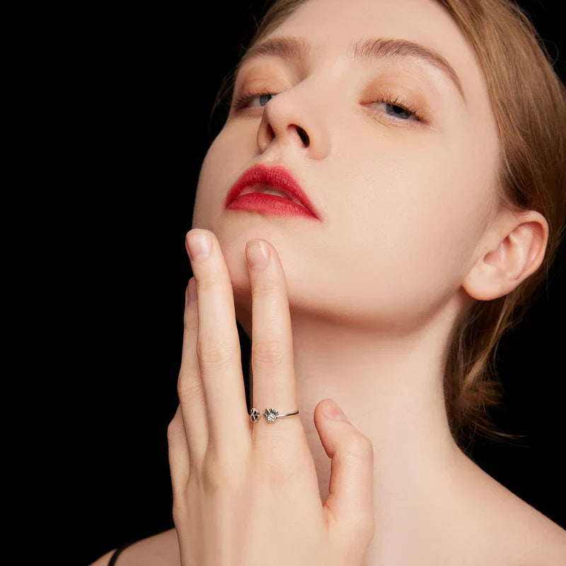 Paw Print Heart Ring in Silver Tone with Crystal and Black Enamel