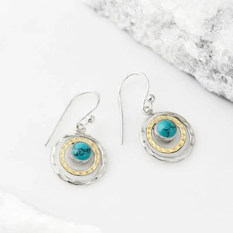 Boho Saturn Earrings with Blue Opal and Gold Accents