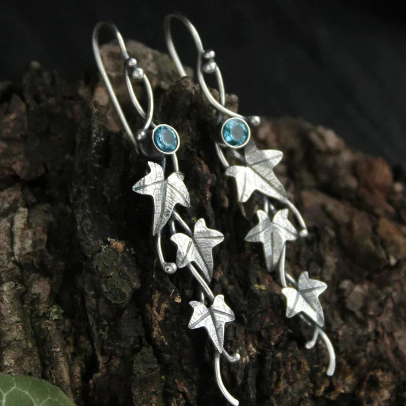 Ivy Leaf Drop Earrings with Blue Crystal Accent