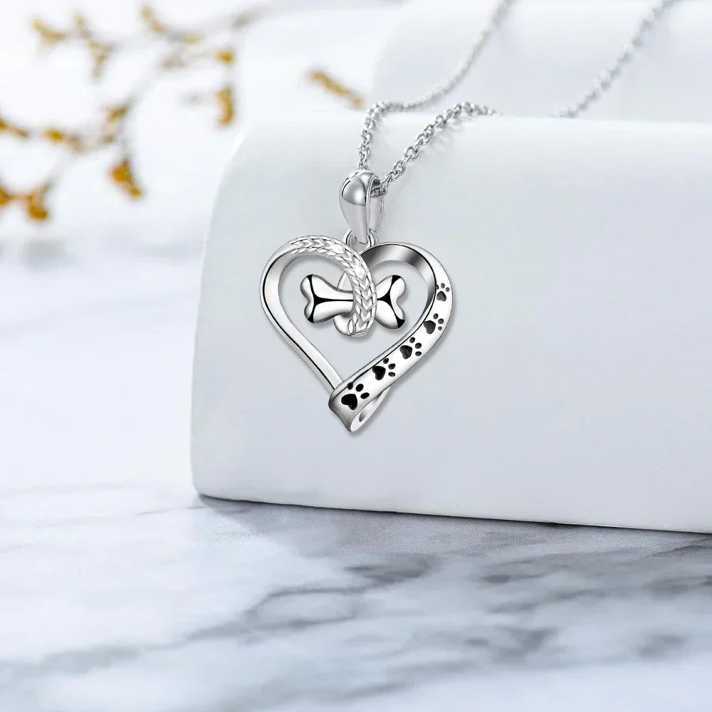 Puppy Love Heart &amp; Bone Paw Print Necklace and Earrings Set