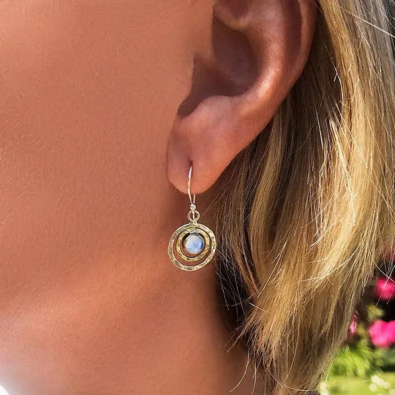 Boho Saturn Earrings with Blue Opal and Gold Accents
