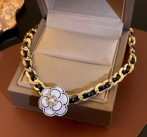 Floral Pearl Accent Chain Necklace with Black and Gold Links