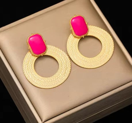 Gold-Tone Hoop Earrings with Pink Accent