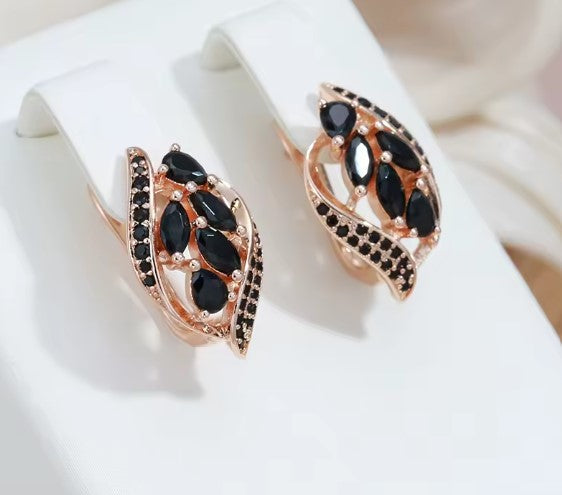 Rose Gold Leaf Earrings with Black Accents