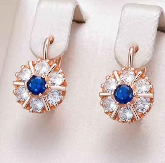 Rose Gold Earrings with Blue Center and Crystal Halo