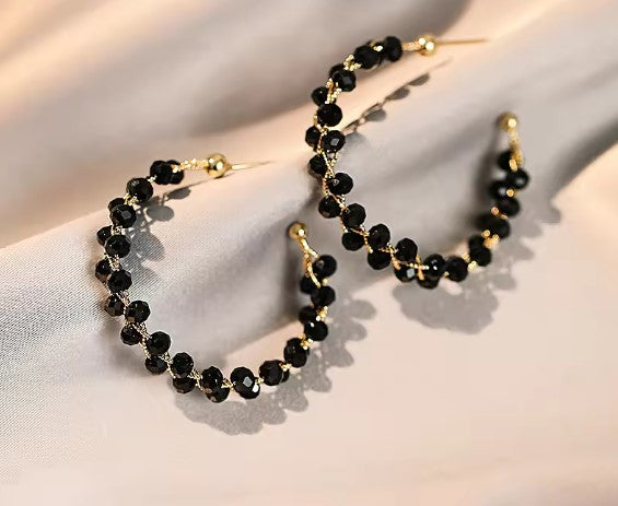 Black Beaded Gold Hoop Earrings