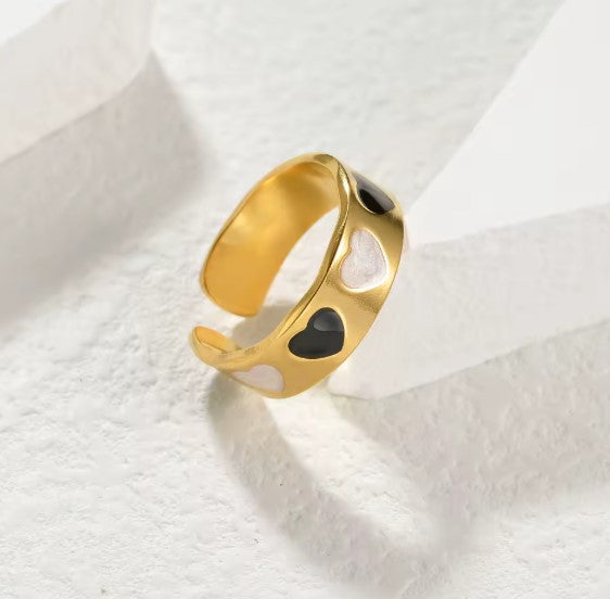 Gold Heart Motif Adjustable Ring in Black &amp; White