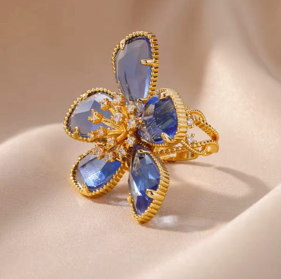 Blue Crystal Floral Statement Ring in Gold