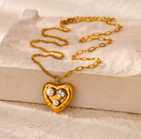 Golden Heart Necklace with Pearls and Crystal