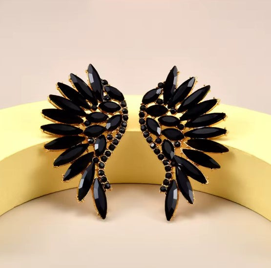 Black Crystal Wing Earrings in Gold
