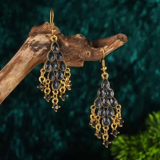 Chandelier Earrings with Black Teardrop Accents in Gold Tone