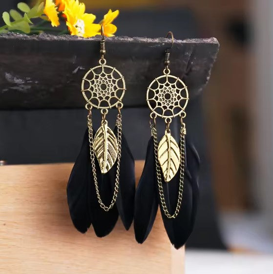 Dreamcatcher Earrings with Gold Leaf and Black Feathers