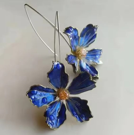 Blue Flower Drop Earrings with Artistic Petals