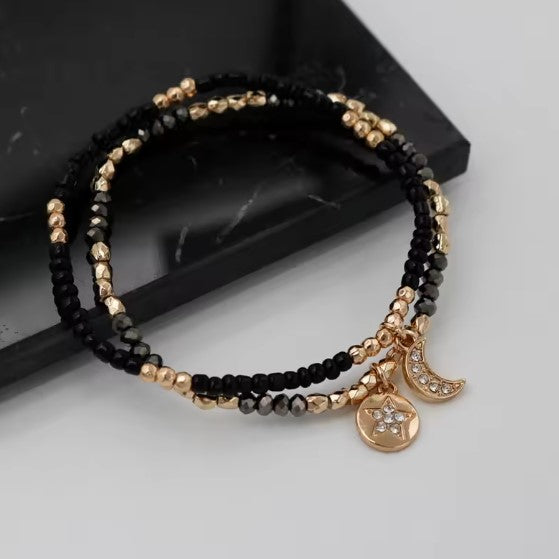Celestial Moon &amp; Star Bracelet Set in Gold and Black