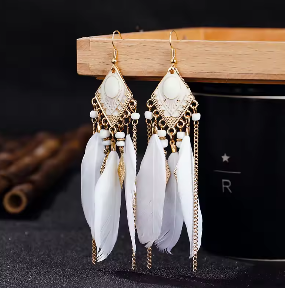 Bohemian Feather Drop Earrings in Gold Tone