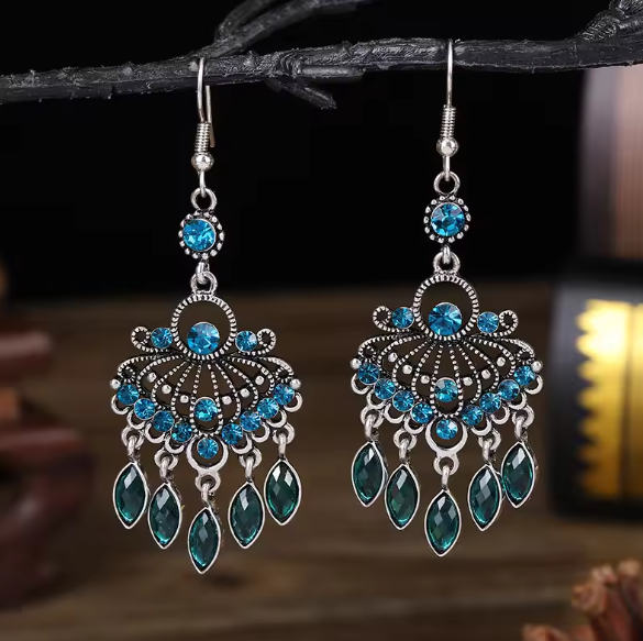 Vintage Silver Filigree Drop Earrings with Blue Crystals