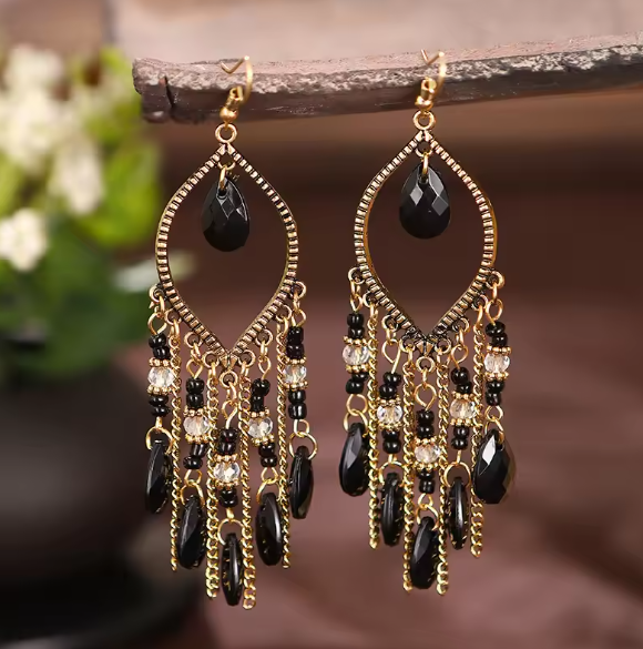 Black Teardrop Chandelier Earrings in Gold