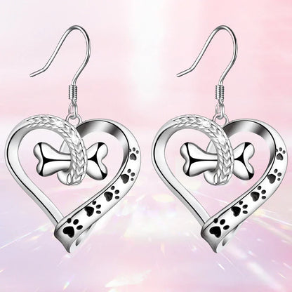 Puppy Love Heart &amp; Bone Paw Print Necklace and Earrings Set
